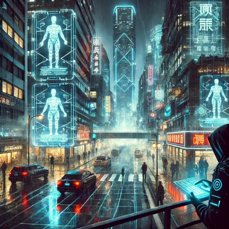 A futuristic cyberpunk cityscape featuring neon li