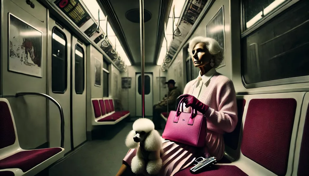 A modern noir scene inside a dimly lit subway car