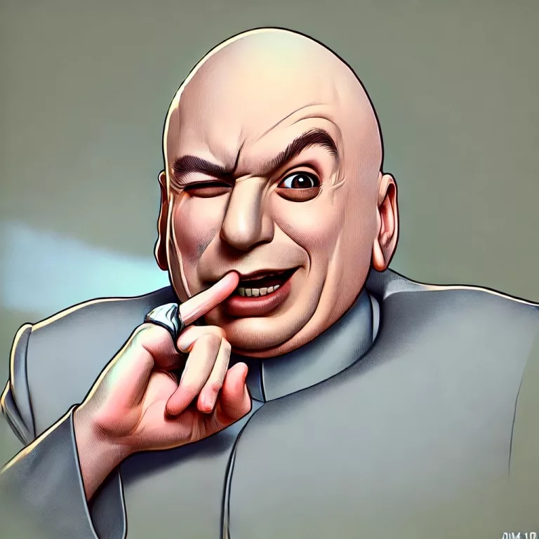 DALL·E 2024 06 26 22.39.06 A villain resembling Dr. Evil holding his pinky finger to his mouth in an iconic pose. The character has a bald head facial scar and a mischievous 1 1