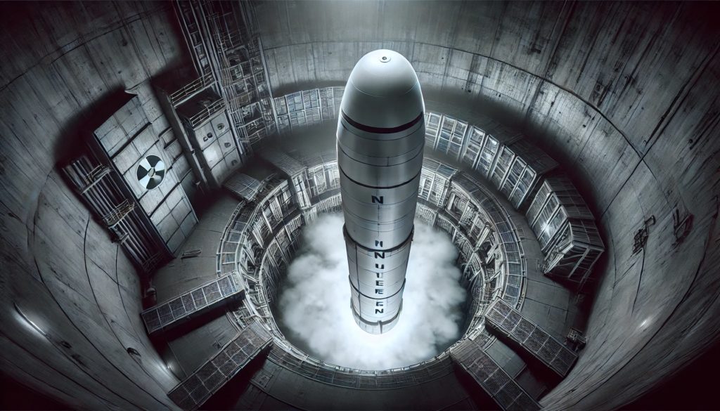 DALL·E 2024 06 26 23.40.00 A dramatic scene of a Minuteman nuclear missile smoking in its silo waiting for launch. The missile is large and imposing with smoke and steam risin