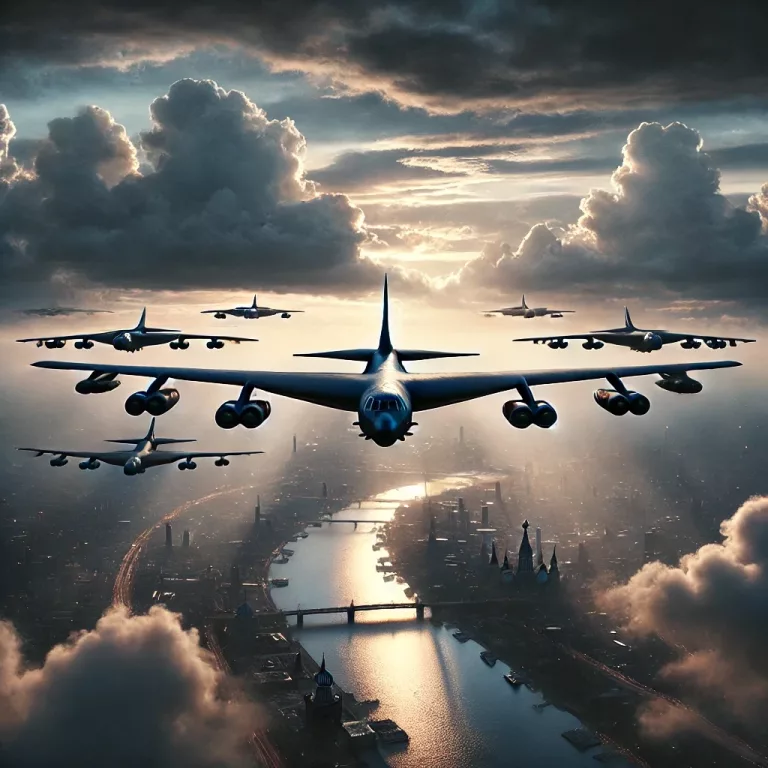 DALL·E 2024 12 19 01.22.18 A fleet of B 52 bombers flying in formation towards Moscow dramatic cloudy sky dusk setting hyper detailed photorealistic cinematic perspective Kopie