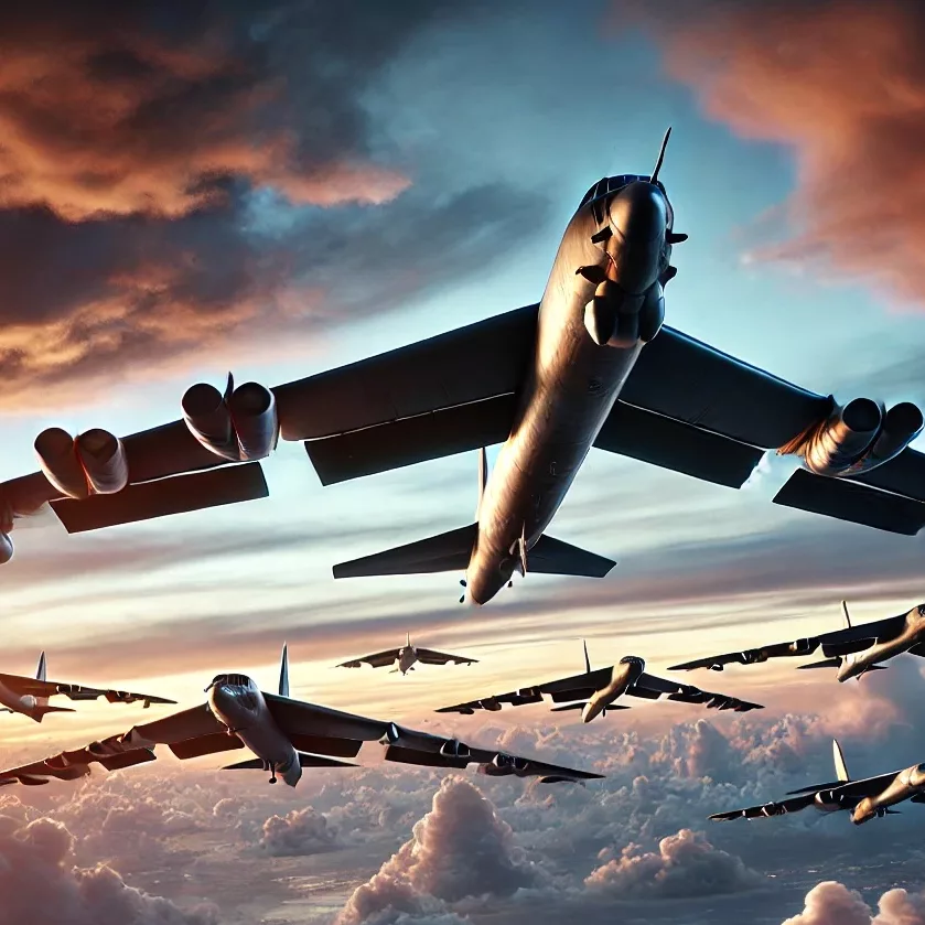 DALL·E 2024 12 19 01.25.32 A hyper realistic depiction of a fleet of B 52 bombers flying in formation set against a dramatic dusk sky with vibrant clouds. The scene captures in Kopie edited