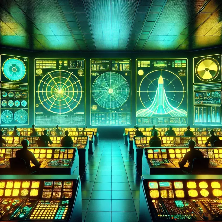 DALL·E 2024 12 19 01.26.13 Neon lit nuclear control room glowing radar screens and rocket schematics on monitors silhouettes of operators at consoles futuristic sci fi atmosp Kopie