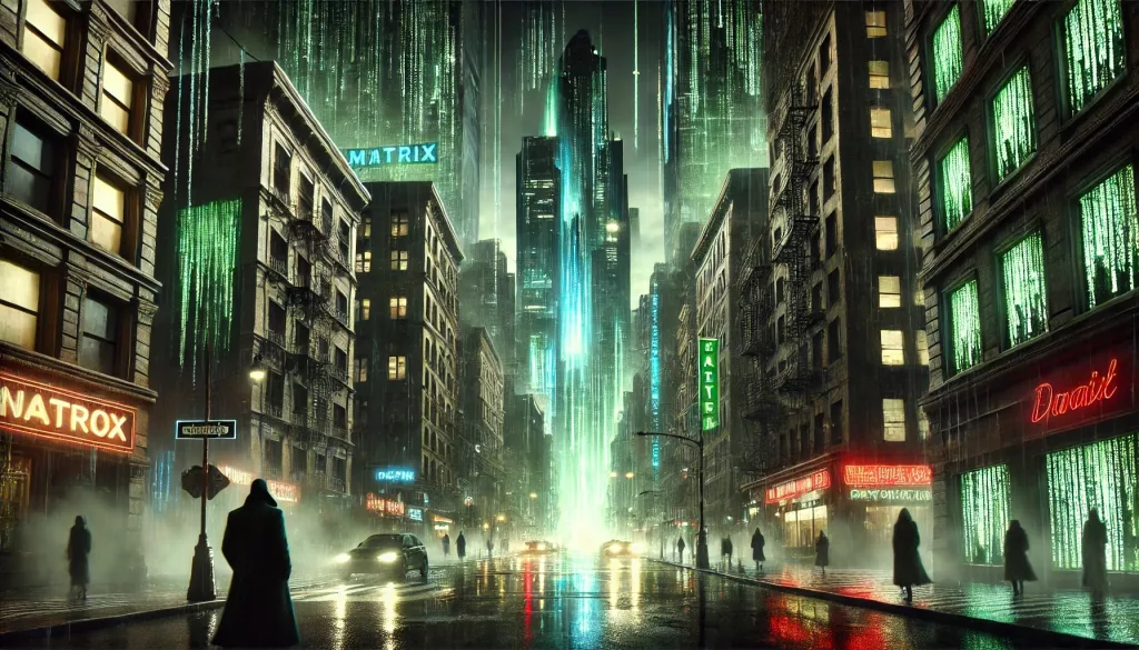 DALL·E 2024 12 30 06.13.57 A dark and moody cyberpunk cityscape inspired by The Matrix featuring towering skyscrapers with glowing green neon signs rain soaked streets and a Kopie