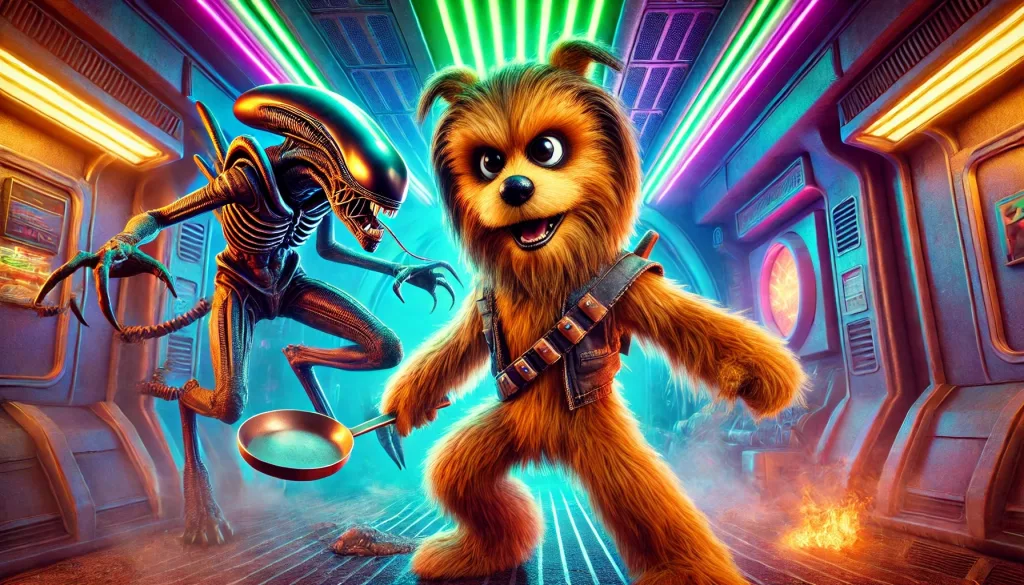 DALL·E 2025 01 03 00.04.29 A vibrant action scene featuring a furry alien creature resembling a comedic extraterrestrial from the 80s. The creature has shaggy brownish orange Kopie