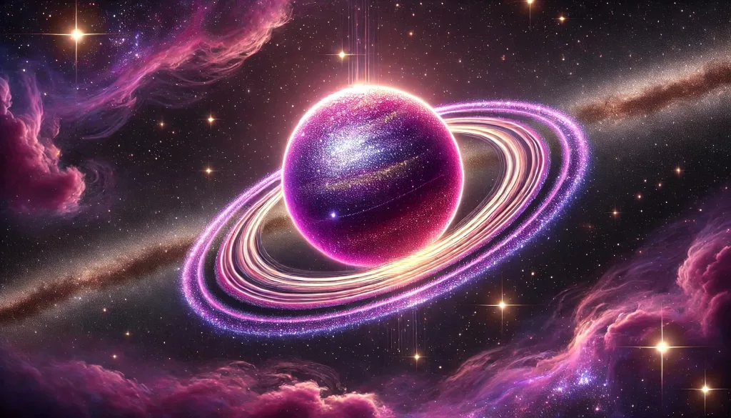 DALL·E 2025 01 03 00.27.20 A stunning cosmic scene featuring a single large predominantly purple glittering planet with shimmering details and three luminous glowing rings en Kopie