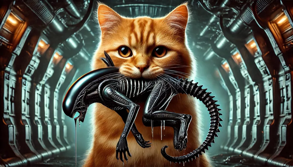 DALL·E 2025 01 03 02.18.17 A dark and realistic scene featuring an orange tabby cat with piercing intense eyes holding a small Xenomorph baby dangling lifelessly like prey bet Kopie