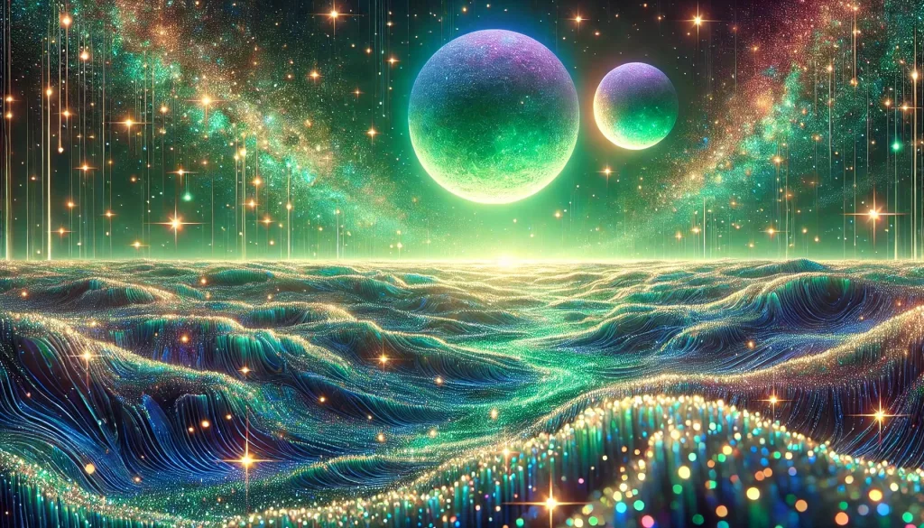 DALL·E 2025 01 03 16.49.52 An abstract and glittering depiction of an alien planet inspired by Melmac. The scene features a shimmering green sky filled with sparkling stars and Kopie