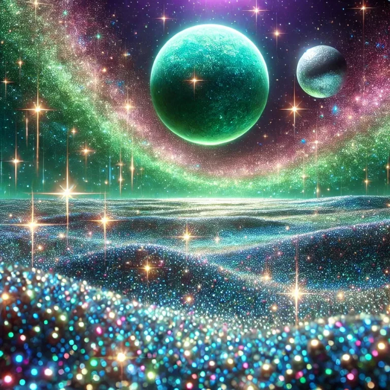 DALL·E 2025 01 03 16.49.55 An abstract and glittering depiction of an alien planet inspired by Melmac. The scene features a shimmering green sky filled with sparkling stars and Kopie