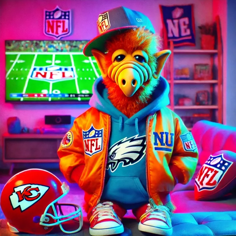 DALL·E 2025 01 05 20.31.27 A playful alien resembling ALF from the TV show Melmacian fully decked out in NFL fan merchandise. The alien is wearing a Philadelphia Eagles hoodie Kopie