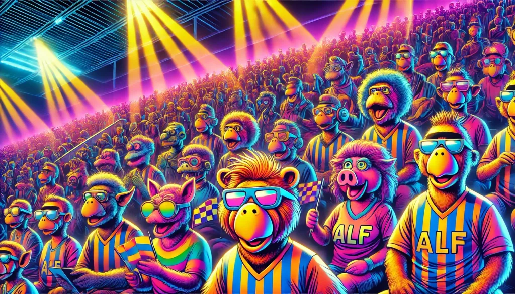 DALL·E 2025 01 05 20.32.41 A vibrant crowd of Melmacians resembling ALF in a comic book style gathered in a neon lit stadium. The scene is colorful and exaggerated with the Me Kopie