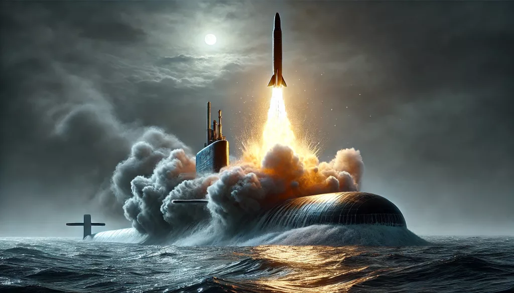 DALL·E 2025 01 05 21.02.14 A realistic and ominous depiction of a submarine launched ballistic missile SLBM being launched at night. The missile is erupting from the ocean wit Kopie