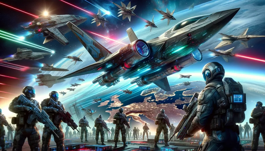 DALL·E 2025 01 21 00.19.22 A futuristic military scene featuring an advanced Space Force with sleek spacecraft laser weapons and soldiers in high tech armor. The background sh Kopie