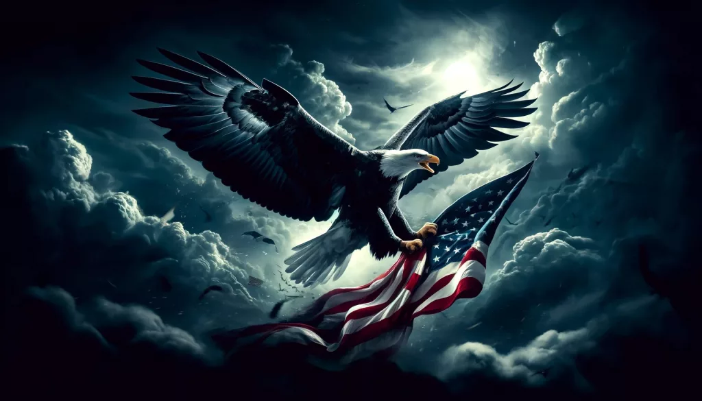 DALL·E 2025 01 21 00.26.13 A heroic and dark patriotic depiction of a bald eagle soaring majestically with its wings spread wide clutching an American flag in its talons. The s Kopie