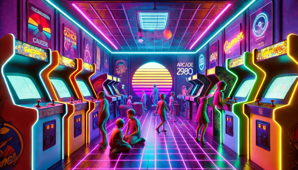 DALL·E 2025 02 01 11.52.36 A futuristic arcade room from the 1980s with glowing neon lights classic arcade cabinets and kids playing in a vibrant retro setting. The walls ar