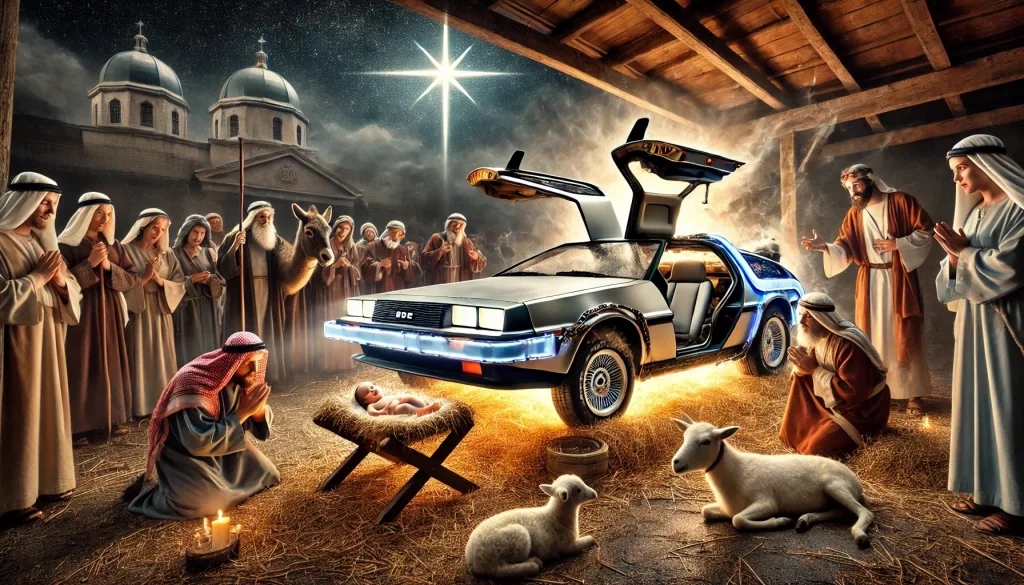 DALL·E 2025 02 01 15.38.19 A DeLorean time machine has crashed into the nativity scene disrupting the manger where baby Jesus lies. The cars gull wing doors are open steam ri