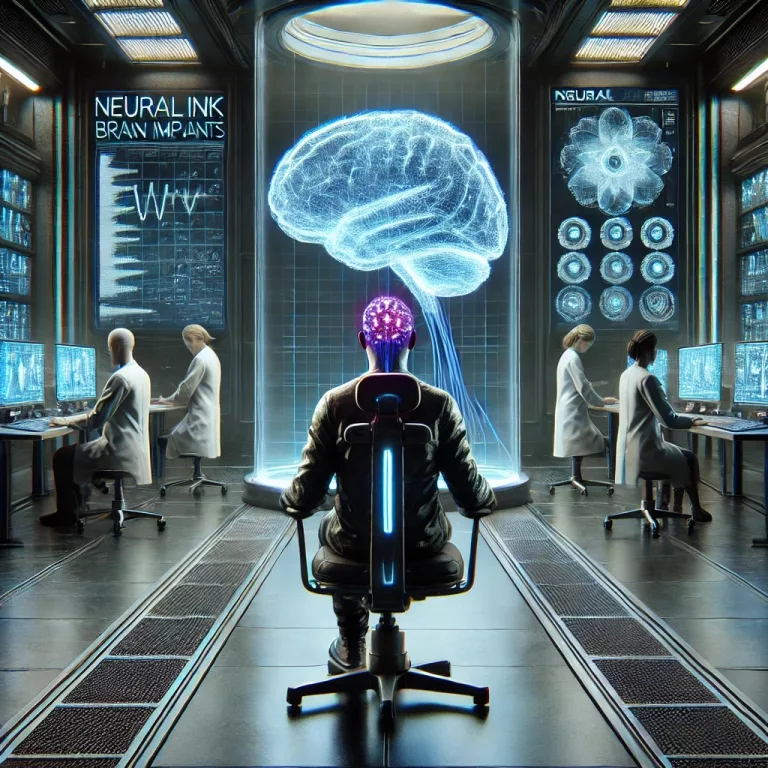 DALL·E 2025 02 01 19.22.58 A futuristic laboratory where scientists are testing Neuralink brain implants. The room is filled with high tech monitors displaying brain activity a