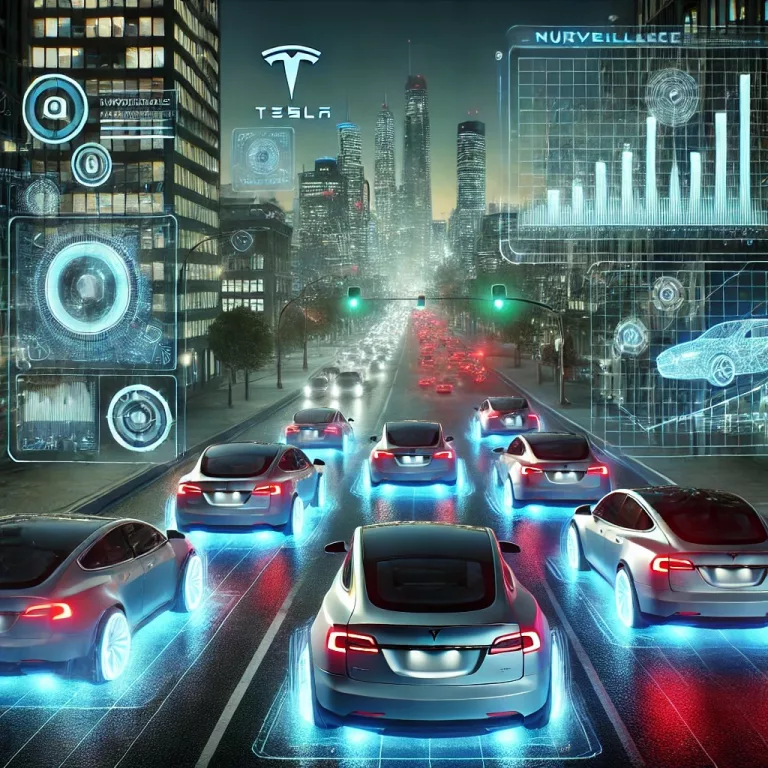 DALL·E 2025 02 01 19.23.01 A fleet of Tesla cars driving autonomously through a futuristic city at night with holographic interfaces projecting navigation and data analytics. T