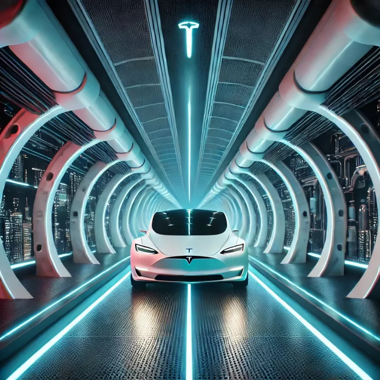 DALL·E 2025 02 01 19.23.06 A futuristic underground tunnel system built by The Boring Company with sleek Tesla cars moving through neon lit tubes. The setting looks high tech a