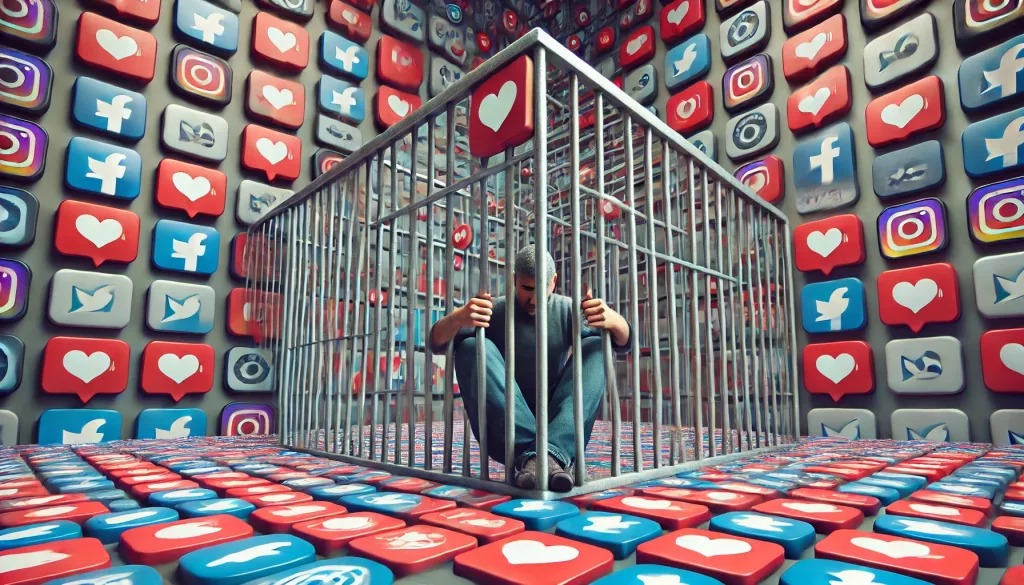 DALL·E 2025 02 03 15.23.55 A surreal representation of a person trapped inside a social media prison. The user is surrounded by like buttons notification icons and engagement