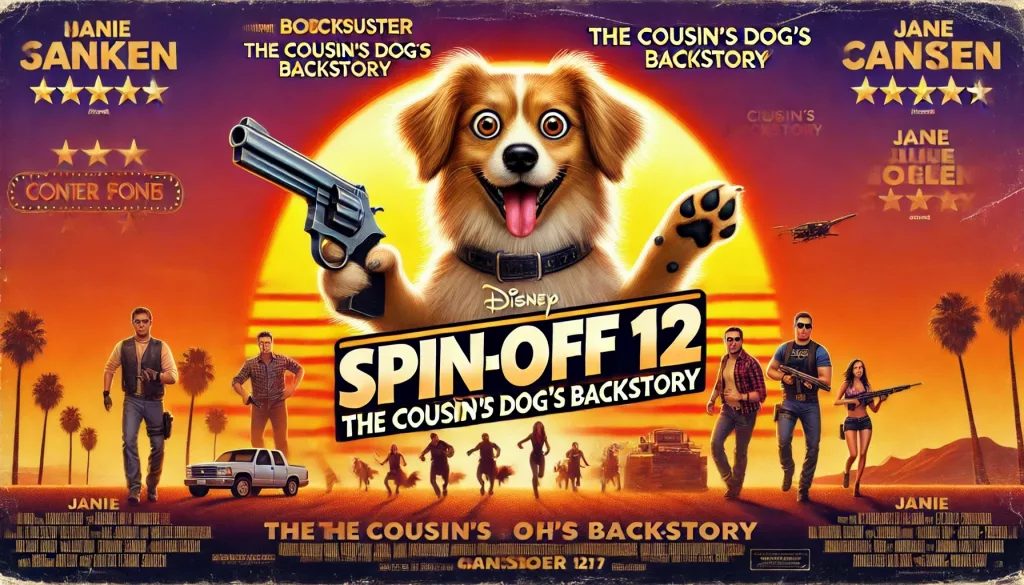 DALL·E 2025 02 03 17.12.12 A humorous movie poster parody for a blockbuster titled Spin Off 12 The Cousins Dogs Backstory. The design features exaggerated cheesy graphics 2