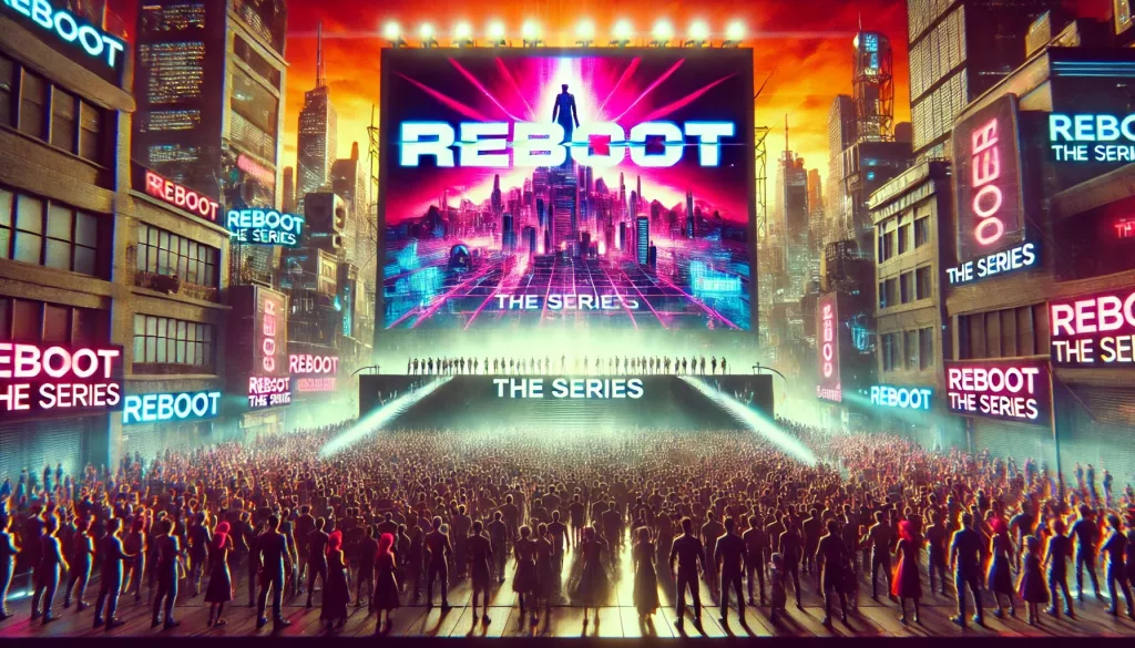 DALL·E 2025 02 03 17.12.14 A dramatic cyberpunk inspired cityscape with a giant billboard showing the words REBOOT THE SERIES and crowds of people staring up at it. The scen 3