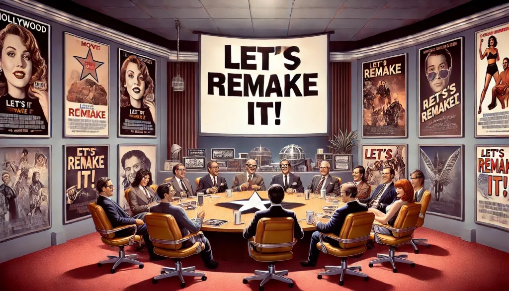 DALL·E 2025 02 03 17.12.17 A parody of a Hollywood office brainstorming session with movie posters on the walls executives sitting around a table and the phrase Lets remake 3