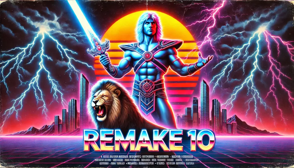 DALL·E 2025 02 03 17.12.21 A retro futuristic movie poster parody for REMAKE 10 featuring a dramatic neon lit design with over the top cliches such as a muscle bound hero w 3