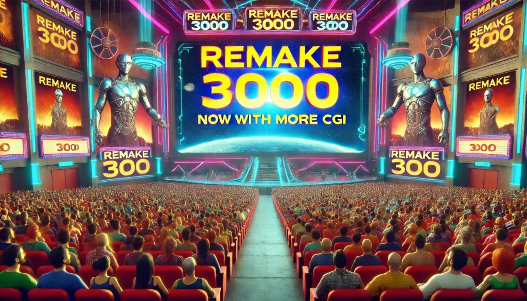 DALL·E 2025 02 03 17.12.31 A futuristic movie theater filled with audiences watching a big screen showing the text REMAKE 3000 NOW WITH MORE CGI. The setting is exaggerated 1 3