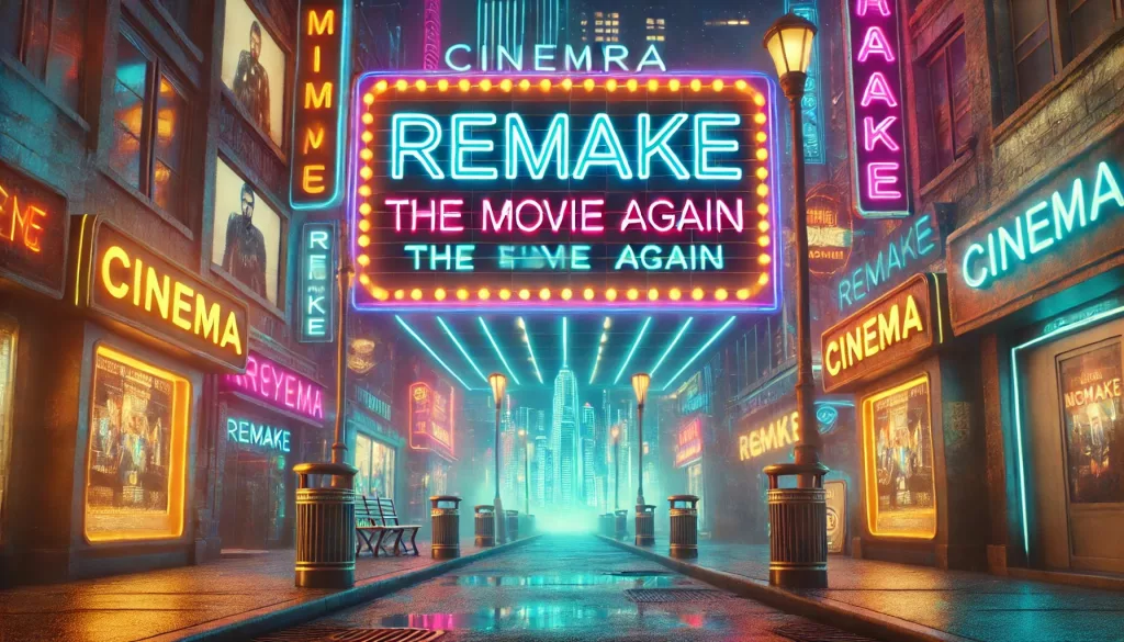 DALL·E 2025 02 03 17.12.36 A futuristic cinema marquee glowing with neon lights displaying a satirical movie title like REMAKE THE MOVIE AGAIN in a busy retro futuristic cit 3