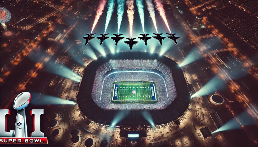 DALL·E 2025 02 10 16.24.21 An aerial view of a packed Super Bowl stadium at night with a squadron of military jets performing a high speed flyover. The stadium lights cast a dr 1