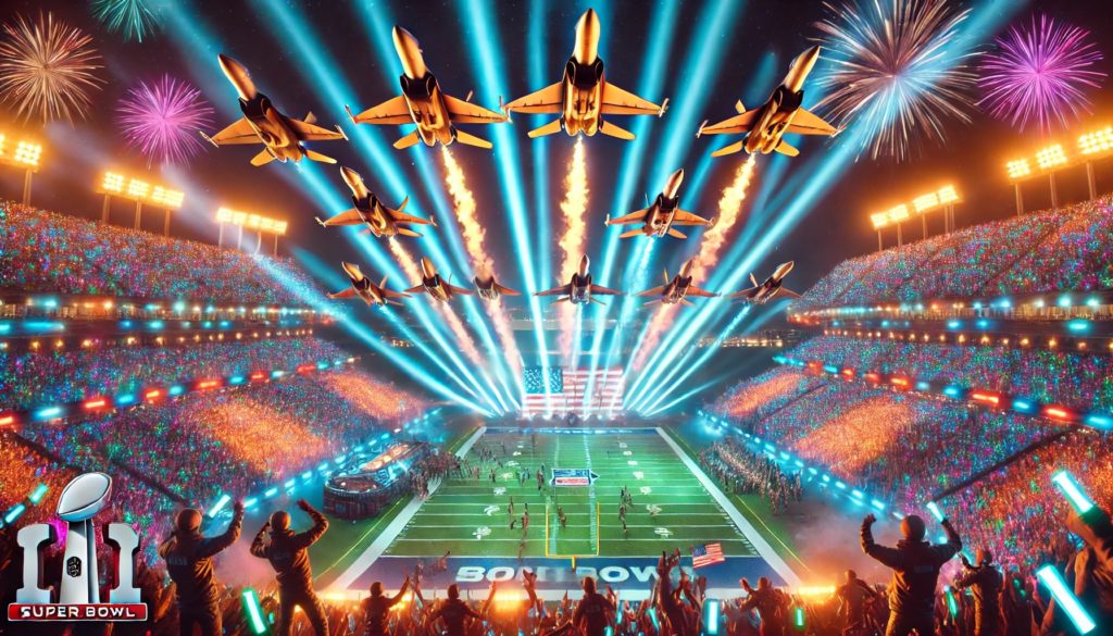 DALL·E 2025 02 10 16.24.25 A Super Bowl halftime show scene with bright neon stadium lights a military flyover with fighter jets in formation and an energetic crowd. The jets 1 1