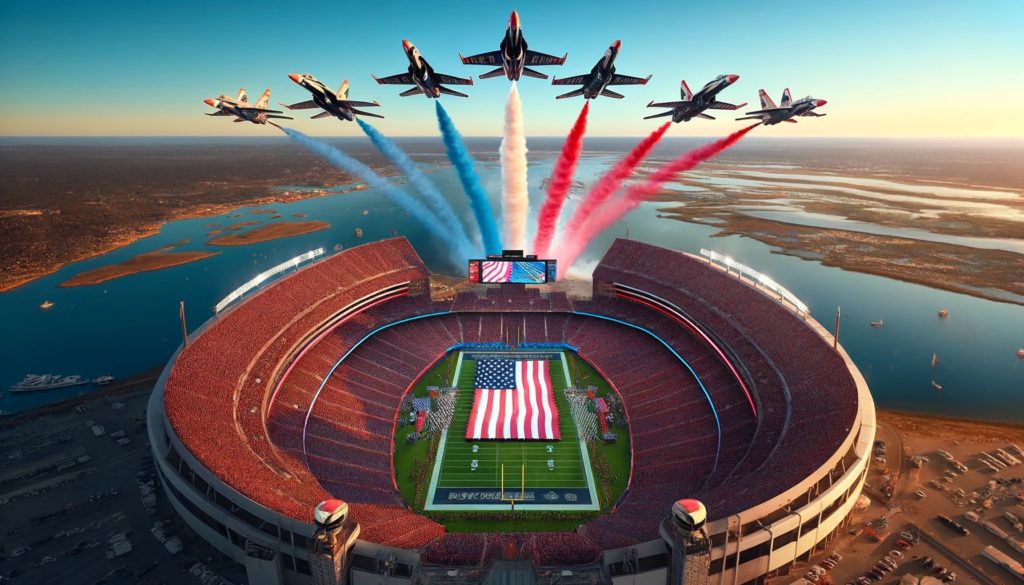 DALL·E 2025 02 10 16.24.41 A breathtaking view of the Super Bowl stadium from above with a squadron of fighter jets performing a synchronized flyover. The American flag is disp 1