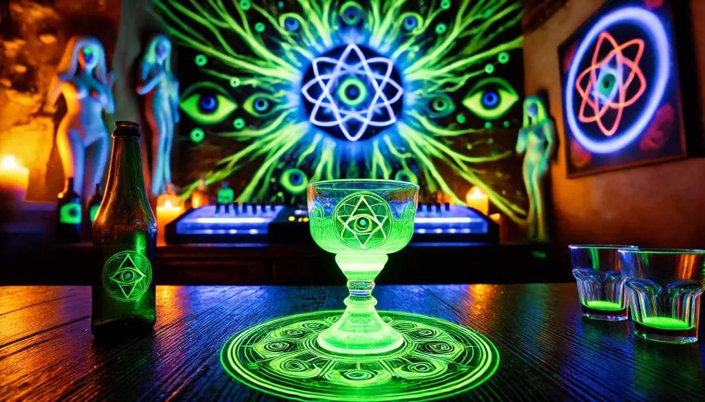 DALL·E 2025 02 17 12.07.50 Ein leuchtendes Uranglas Service das auf einem Tisch steht vor dem Hintergrund einer lebhaften Psytrance Diskothek. Das Glas strahlt ein fluoreszier