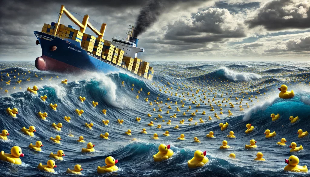 DALL·E 2025 02 25 10.54.30 A vast ocean with thousands of yellow rubber ducks floating on the waves. The sky is stormy and a large cargo ship is in the background tilting due