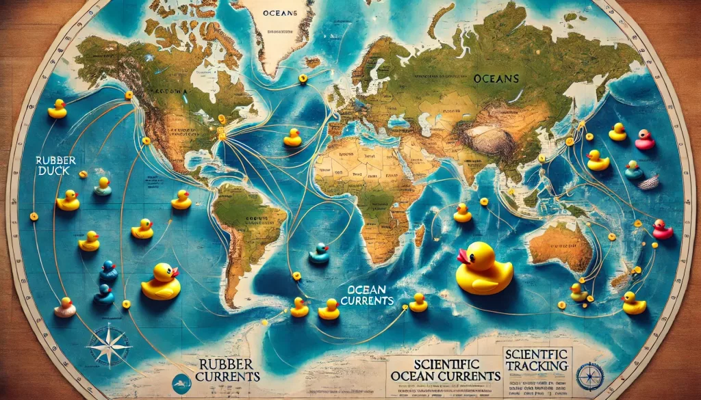 DALL·E 2025 02 25 10.54.33 A world map with rubber duck icons marking their travel routes across different oceans. The map highlights major ocean currents with arrows showcasin