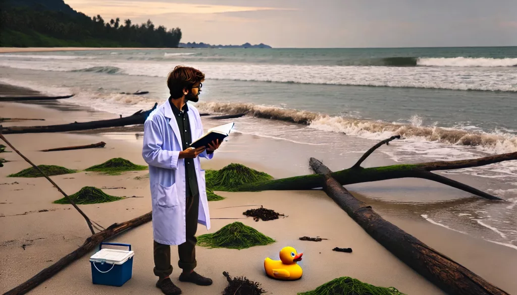 DALL·E 2025 02 25 10.54.35 A scientist on a remote beach examining a rubber duck washed ashore. He holds a notebook and is documenting the ducks condition. The beach has seawee