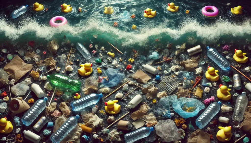 DALL·E 2025 02 25 10.54.37 A plastic polluted ocean with various discarded items including rubber ducks floating among the waves. The water is dark and filled with debris emp