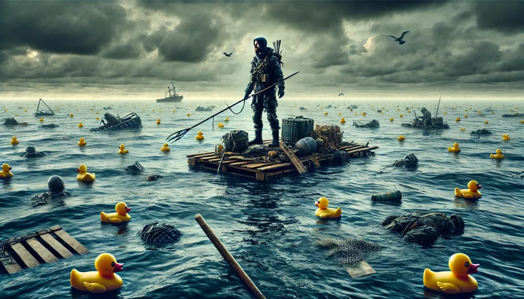 DALL·E 2025 02 25 11.26.55 A dramatic scene of a survivor in a post apocalyptic waterworld standing on a makeshift raft surrounded by endless ocean. He wears scavenged gear and