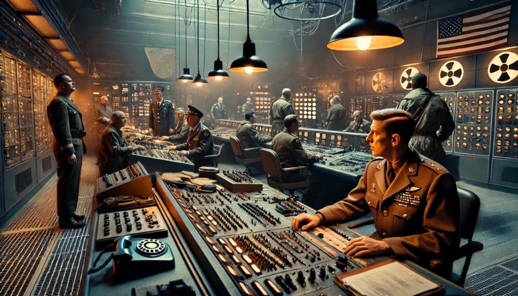 DALL·E 2024 06 26 22.00.59 A dramatic scene from the Cold War showing a high stakes moment in a nuclear missile silo. Military personnel in 1960s uniforms are preparing for a po