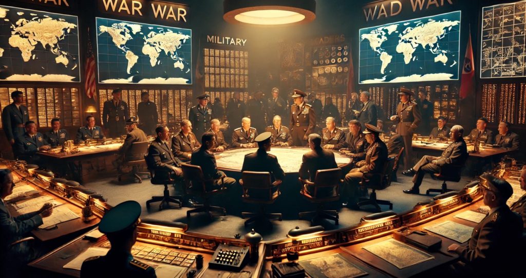 DALL·E 2024 06 26 22.02.24 A dramatic moment during the Cold War with military leaders in a high stakes meeting. The scene includes a dimly lit war room with a large round table Kopie