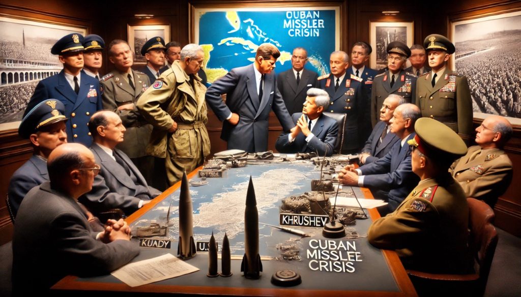 DALL·E 2024 06 26 22.03.46 A dramatic moment in the history of nuclear weapons showing the Cuban Missile Crisis. The scene depicts a tense standoff between U.S. and Soviet leade