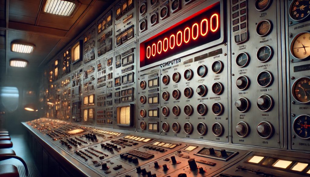 DALL·E 2024 06 26 22.29.59 A 1960s computer wall in a nuclear missile silo showing the code 00000000 illuminated in red. The scene includes old fashioned control panels dial