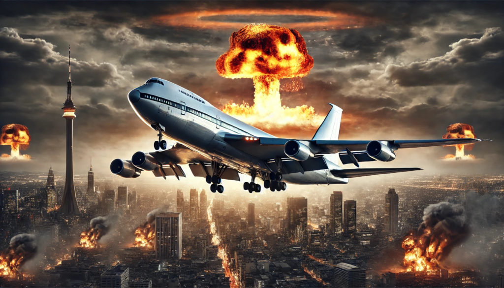 DALL·E 2024 06 26 22.45.48 A dramatic and realistic scene of a Boeing E 4B Nightwatch aircraft taking off with nuclear explosions in the background over a city. The aircraft is